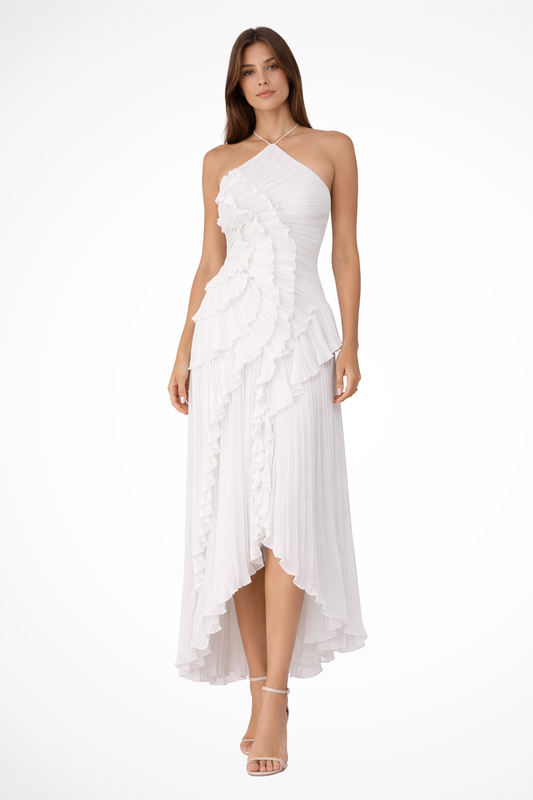 Vestido maxi para mujer con volantes, sin mangas, cuello halter y espalda descubierta, corte en línea A