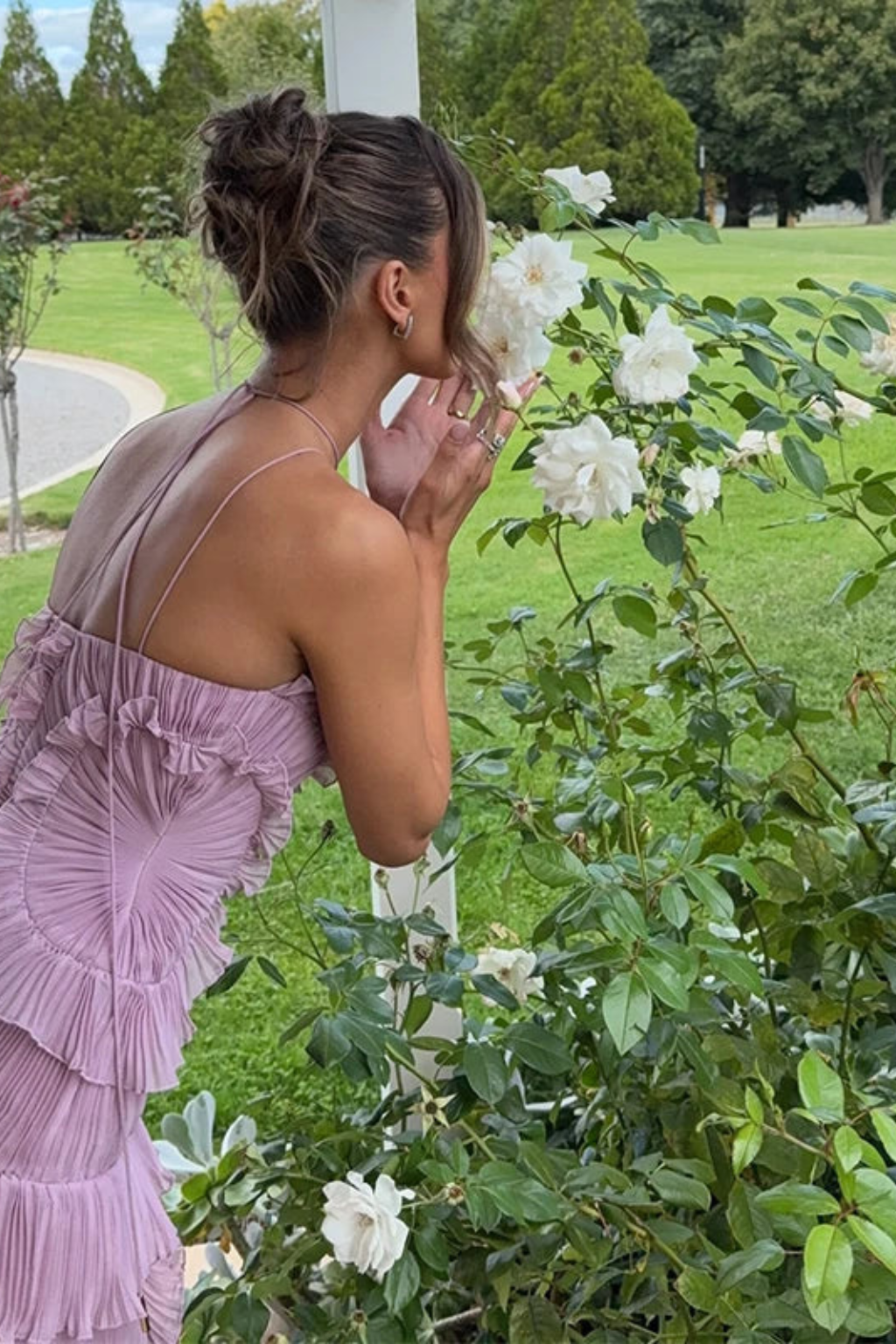 Vestido maxi para mujer con volantes, sin mangas, cuello halter y espalda descubierta, corte en línea A