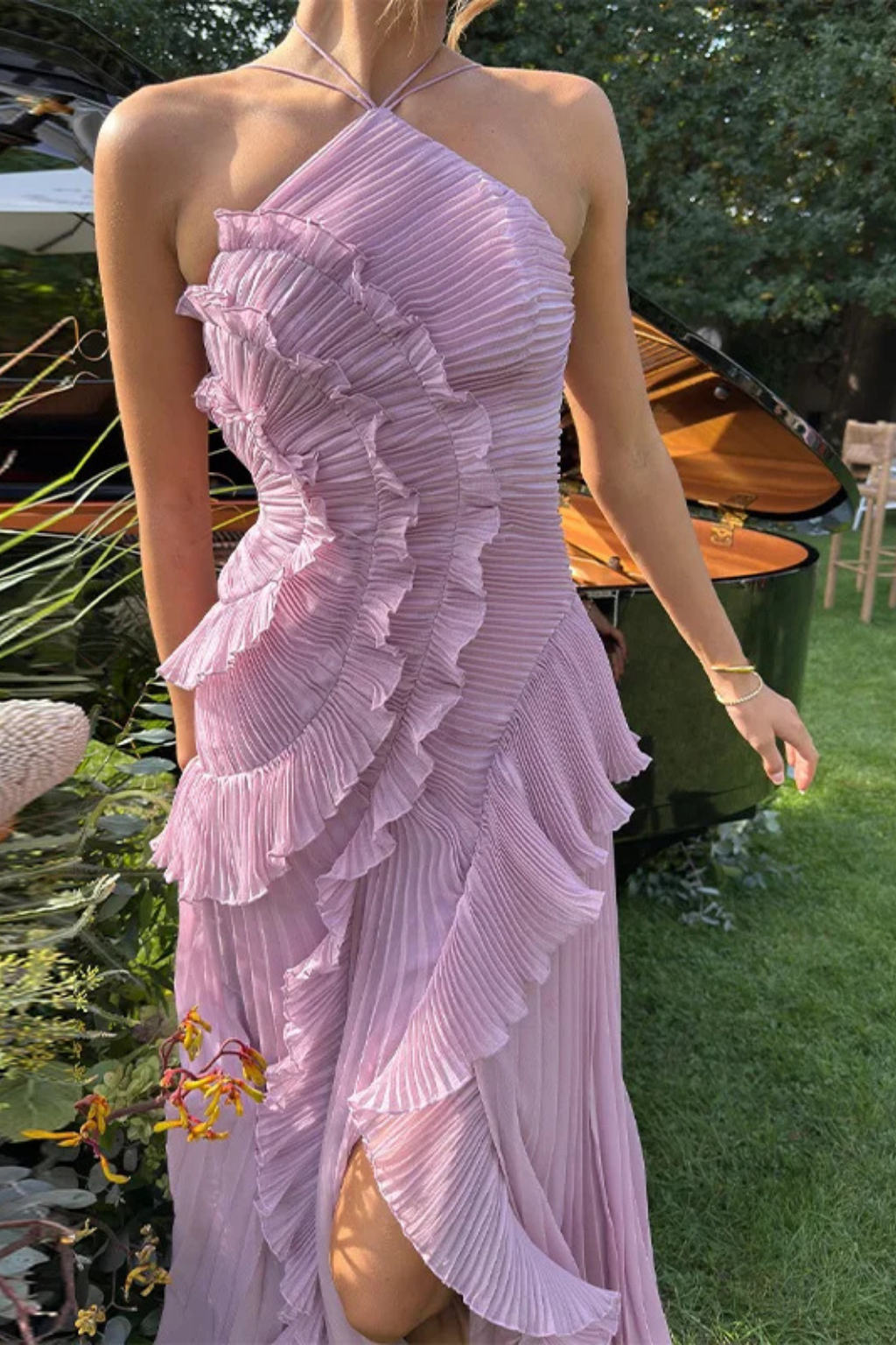 Vestido maxi para mujer con volantes, sin mangas, cuello halter y espalda descubierta, corte en línea A