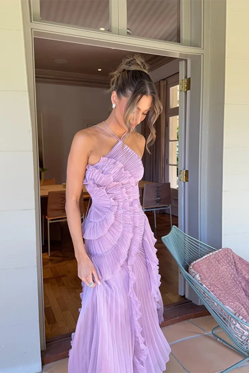Vestido maxi para mujer con volantes, sin mangas, cuello halter y espalda descubierta, corte en línea A