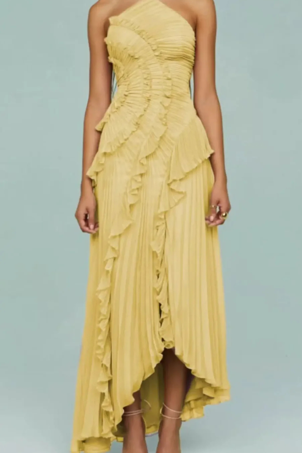 Vestido maxi para mujer con volantes, sin mangas, cuello halter y espalda descubierta, corte en línea A