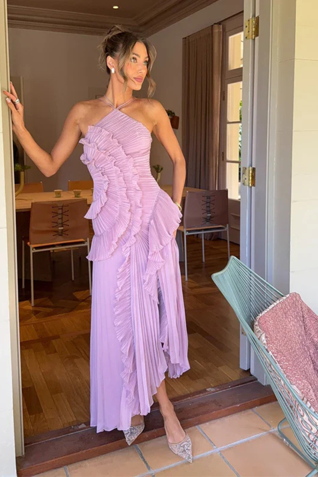 Vestido maxi para mujer con volantes, sin mangas, cuello halter y espalda descubierta, corte en línea A