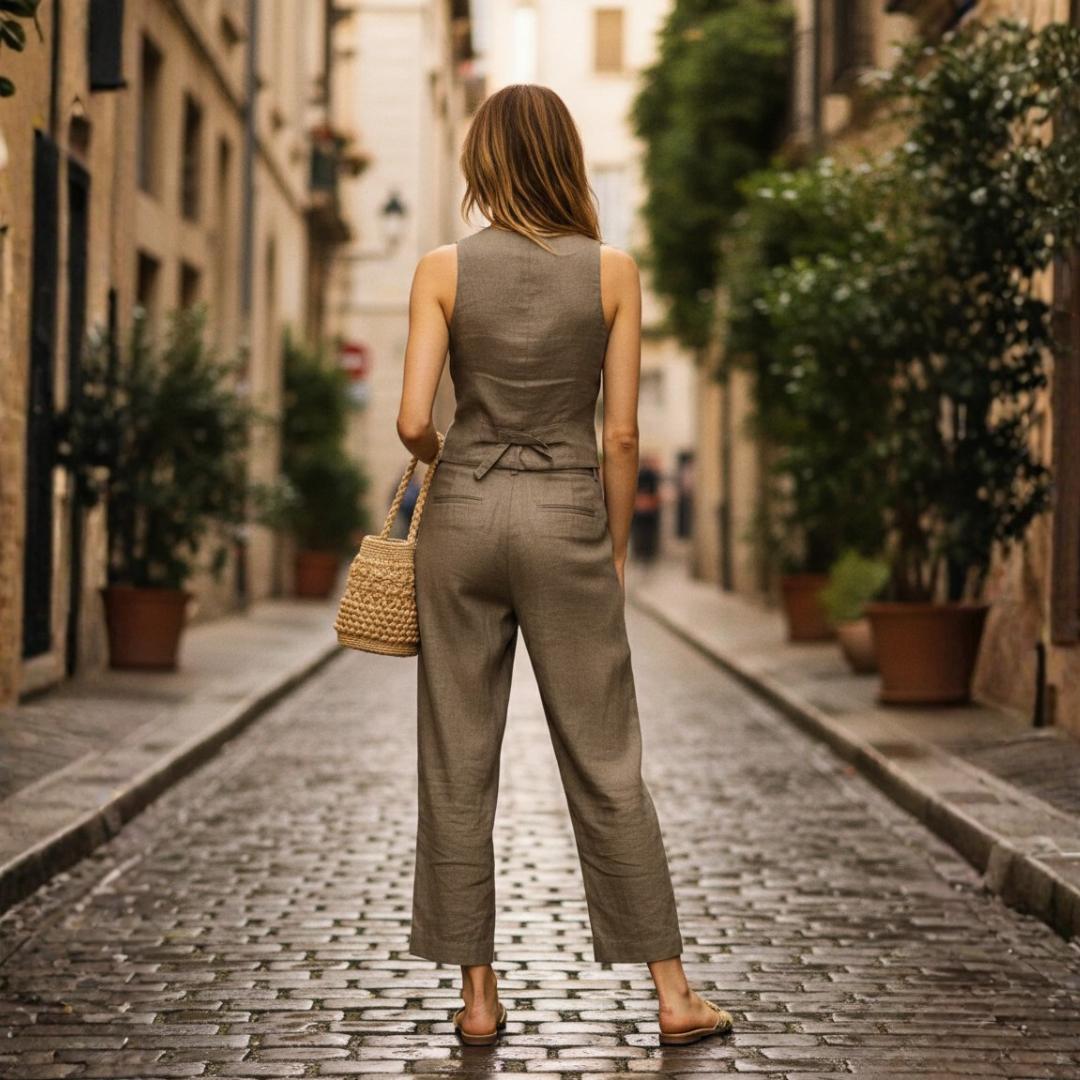 Conjunto de dos piezas chaleco y pantalones ajustados con botones delanteros para mujer