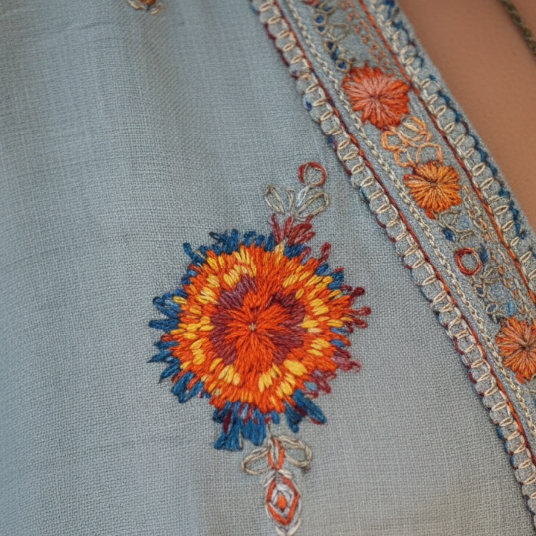Peasant Blouse V Neck Embroidered Long Sleeve Light Blue Womens