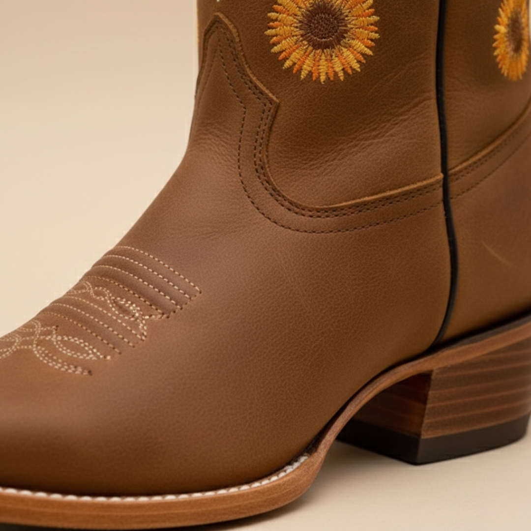 Cowboy Boots Mid-Calf Sunflower Embroidery Womens