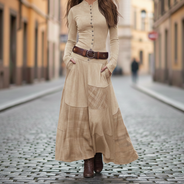 Robe longue vintage en polyester à carreaux imitation daim pour femmes