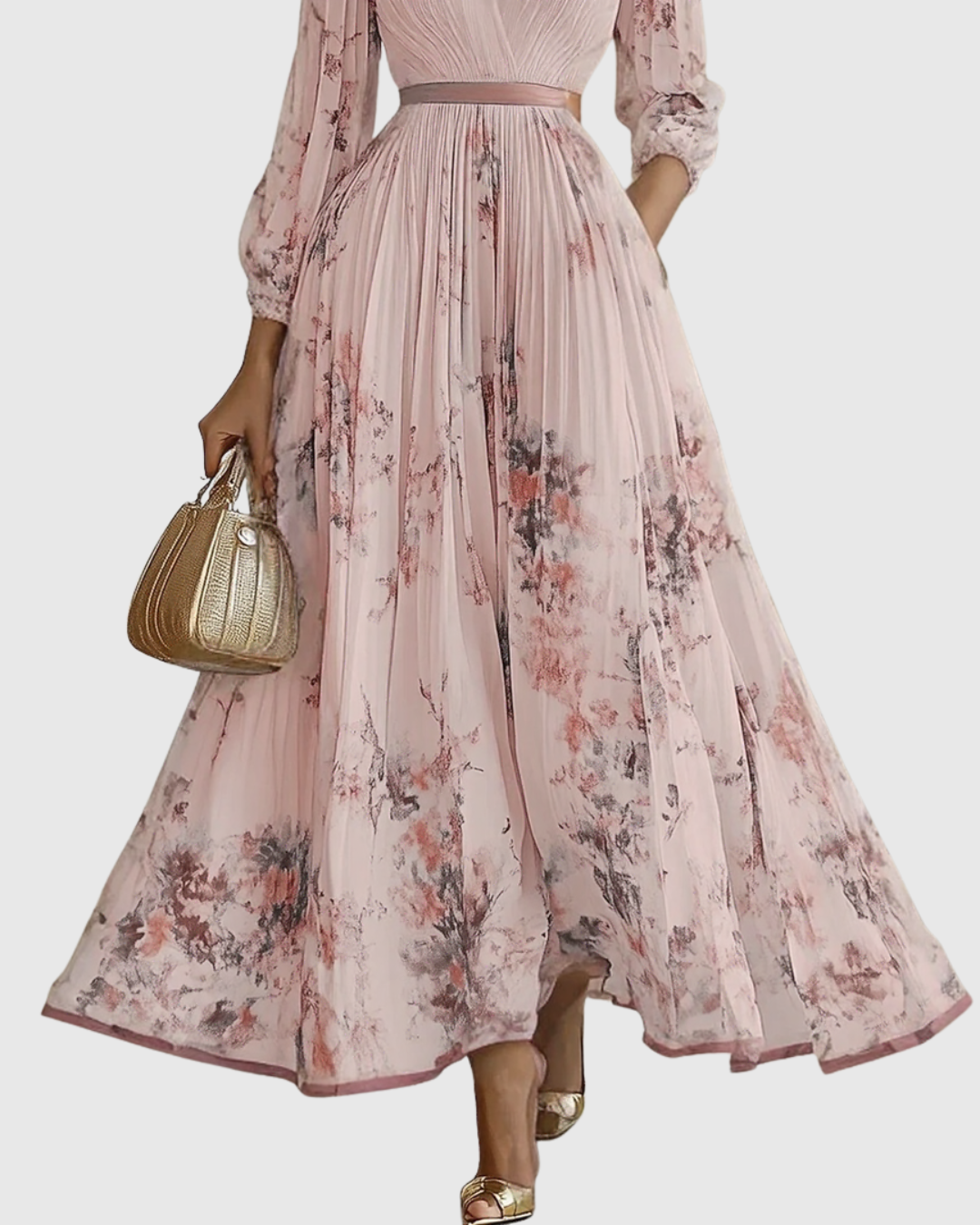 Women's Maxi Dress Satin Pleated V-Neck Long Sleeve Adjustable Waist