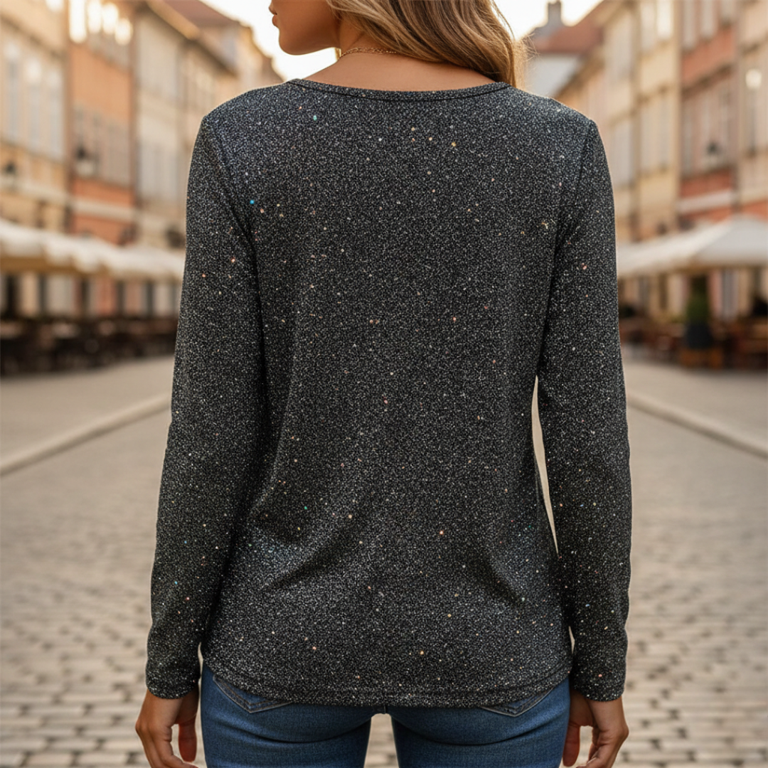 Pull à paillettes col en V manches longues métallisé pour femme