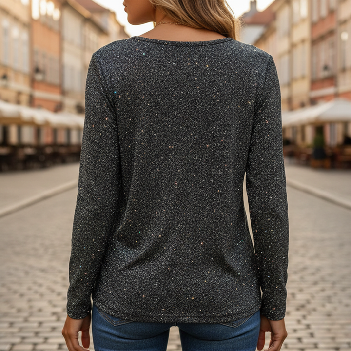 Pull à paillettes col en V manches longues métallisé pour femme