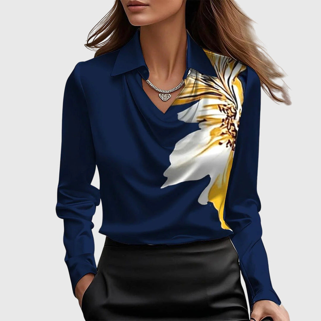 Women's Blouse Satin Button-Up Long Sleeve Pleated Collar