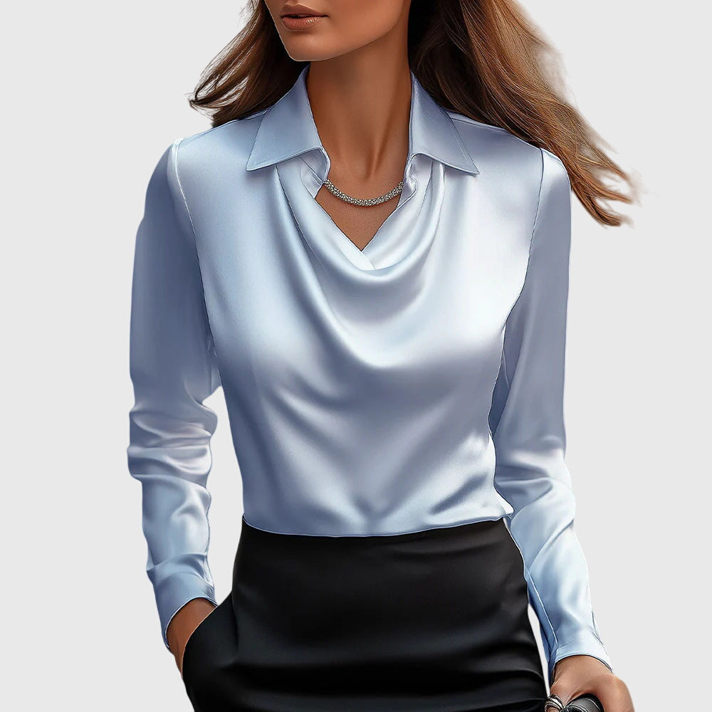 Women's Blouse Satin Button-Up Long Sleeve Pleated Collar