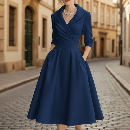 Robe midi élégante col en V manches trois quarts