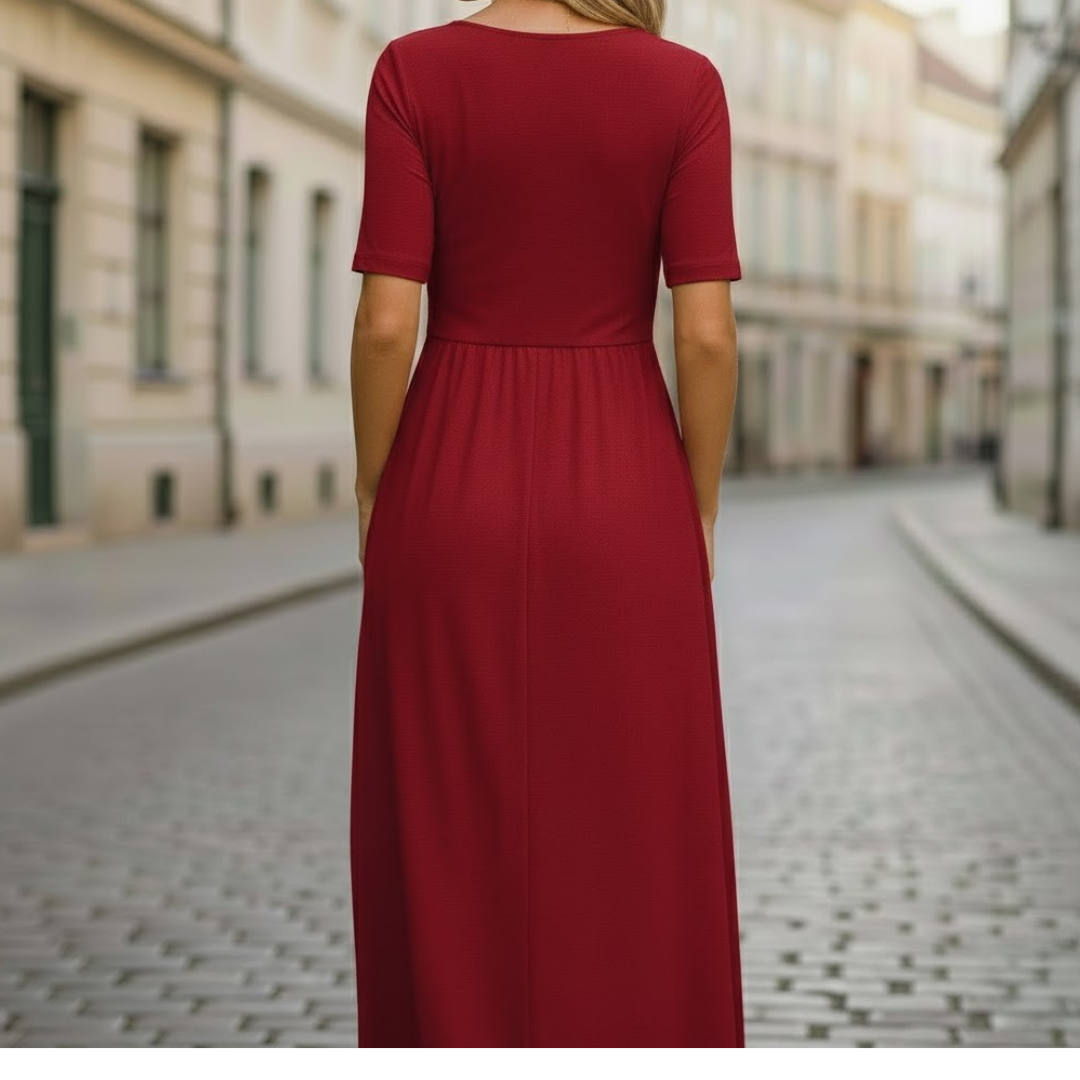 Robe mi-longue pour femme col en V manches coudes jupe évasée