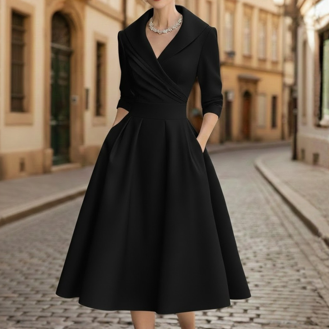 Robe midi élégante col en V manches trois quarts