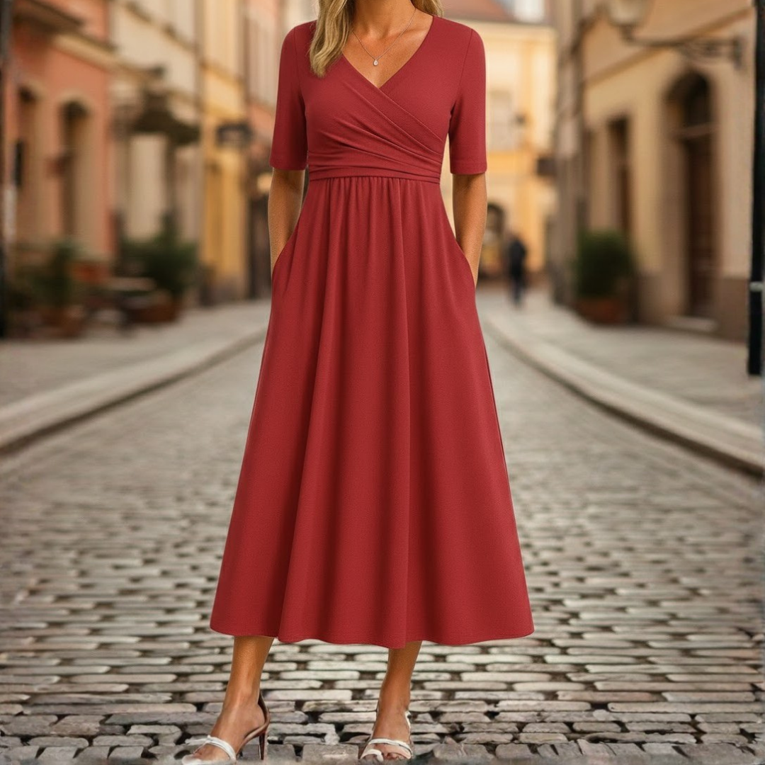 Robe mi-longue pour femme col en V manches coudes jupe évasée