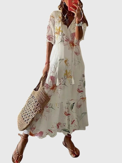 Vestido de mujer de viscosa floral sin mangas con escote en V estilo bohemio vintage