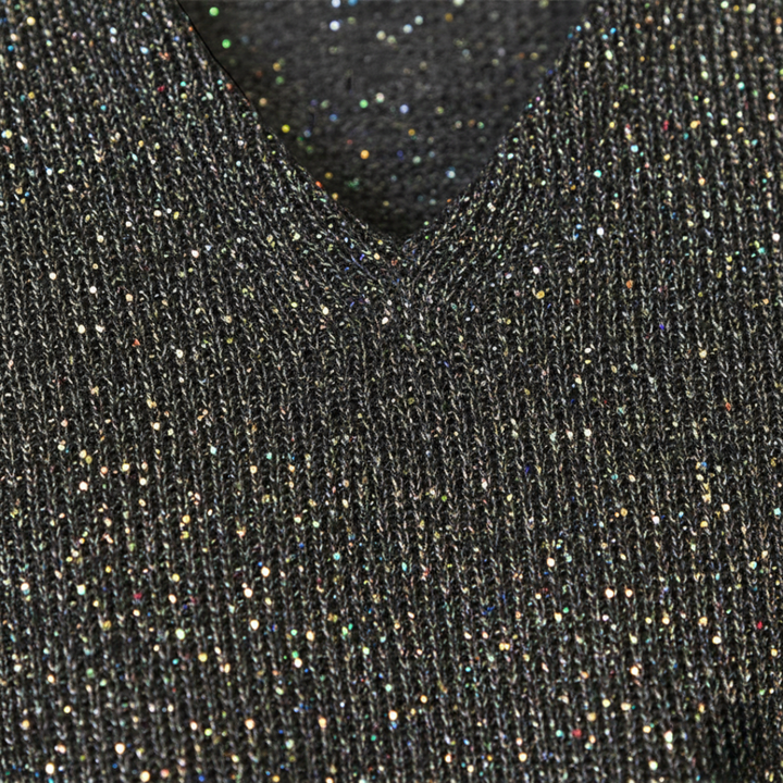 Pull à paillettes col en V manches longues métallisé pour femme