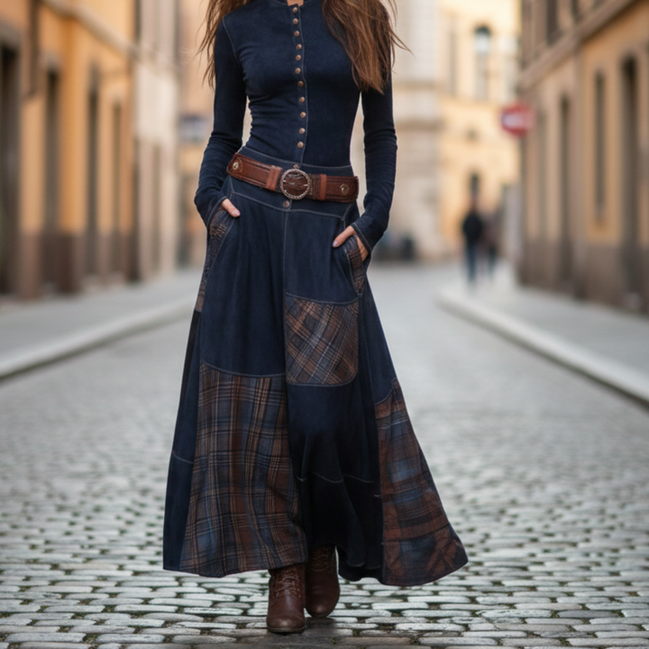 Robe longue vintage en polyester à carreaux imitation daim pour femmes