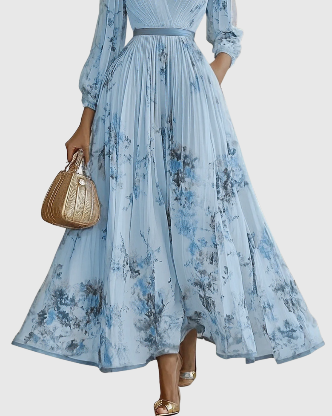 Women's Maxi Dress Satin Pleated V-Neck Long Sleeve Adjustable Waist