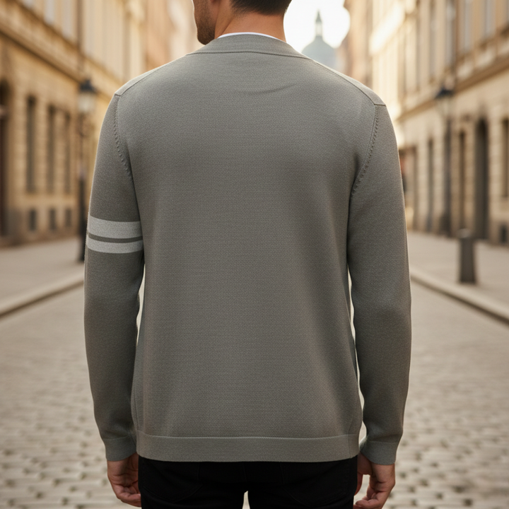 Suéter cárdigan para hombre con cuello chal, abotonado y mangas a rayas