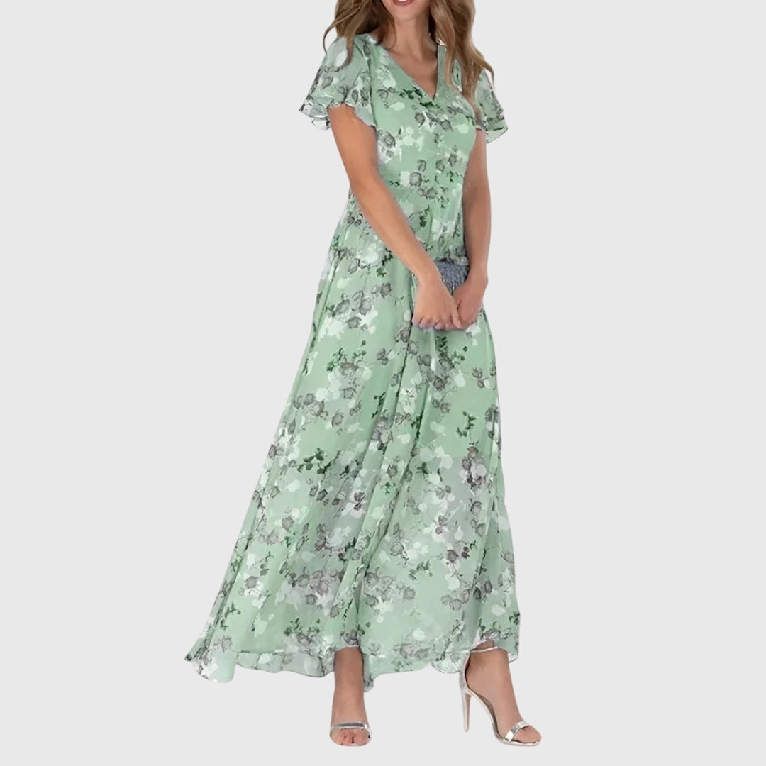 Robe longue femme à fleurs, manches courtes, col en V, fluide