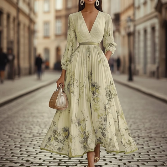 Vestido largo plisado con escote en V y manga larga con estampado floral