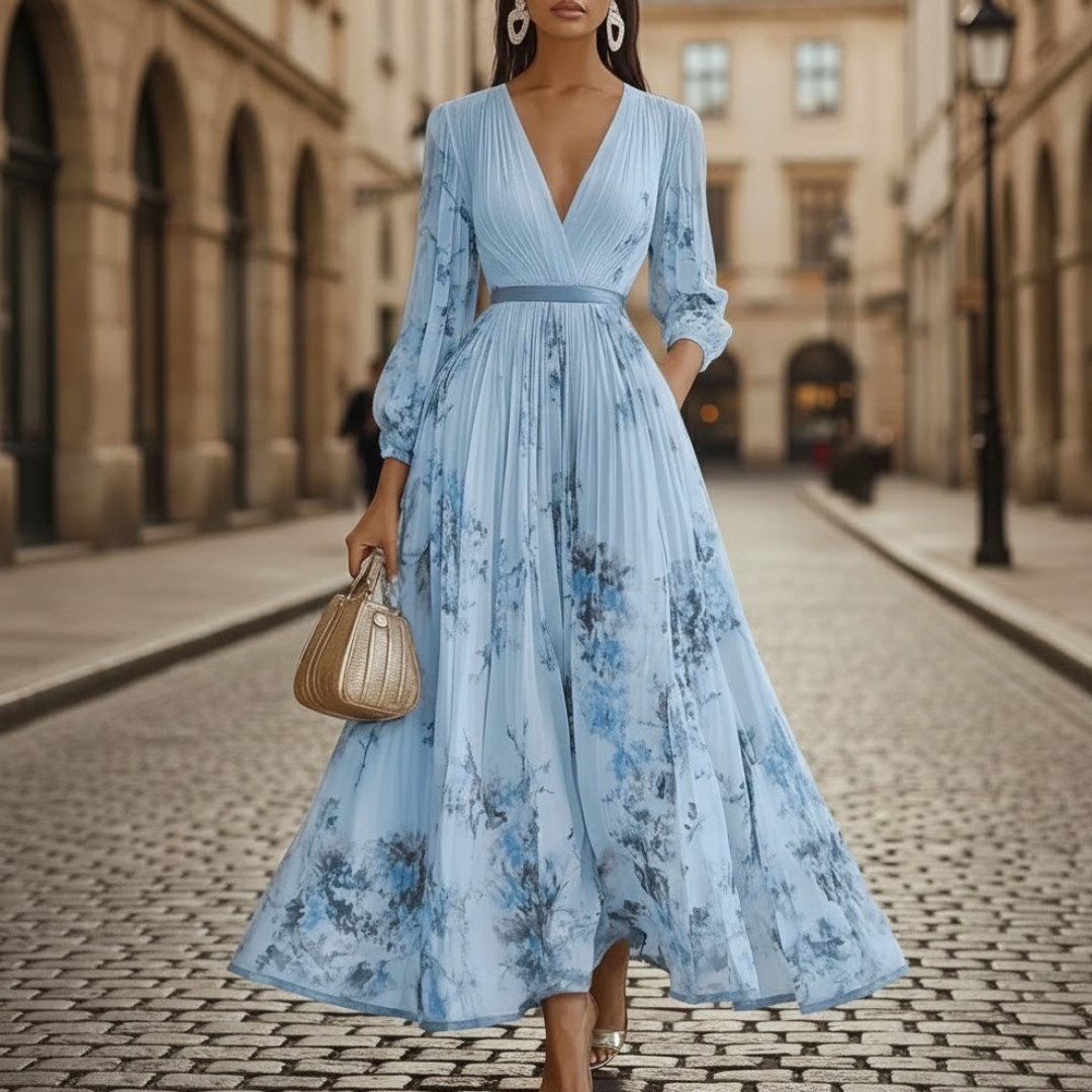 Robe longue plissée col en V manches longues motif floral