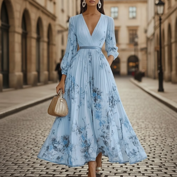 Robe longue plissée col en V manches longues motif floral