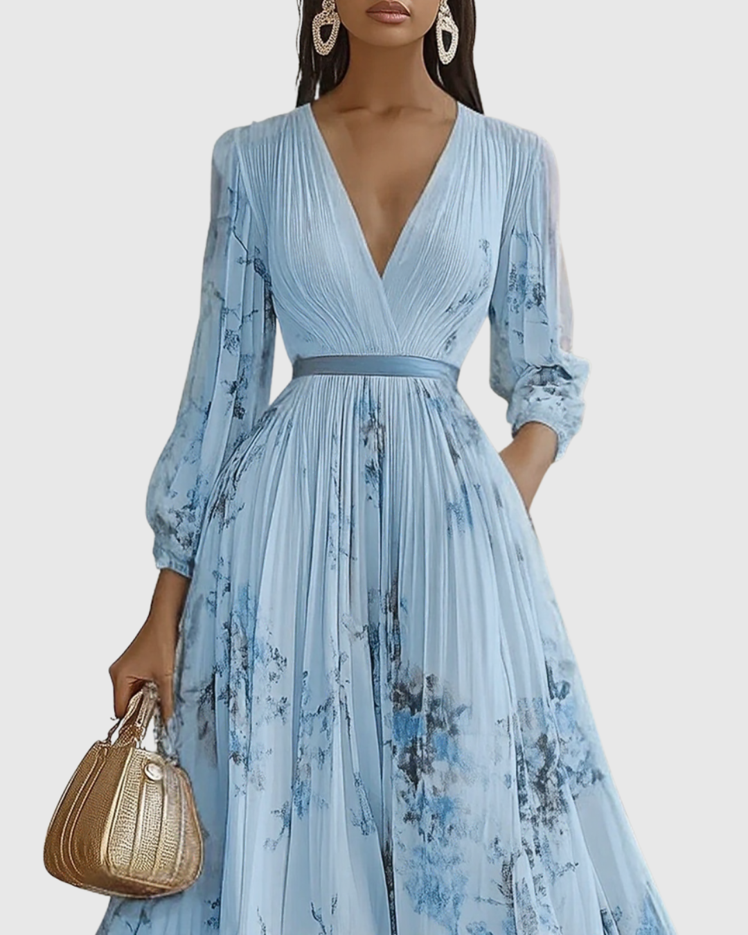 Women's Maxi Dress Satin Pleated V-Neck Long Sleeve Adjustable Waist