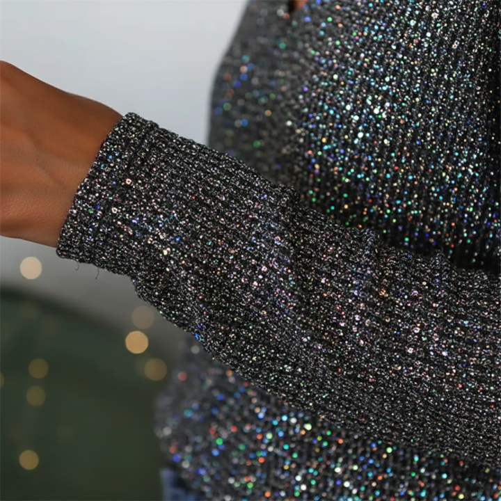 Pull à paillettes col en V manches longues métallisé pour femme