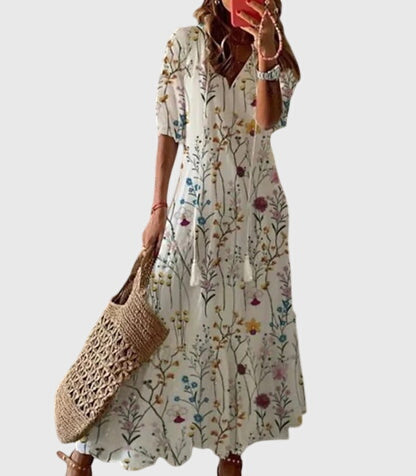 Vestido de mujer de viscosa floral sin mangas con escote en V estilo bohemio vintage
