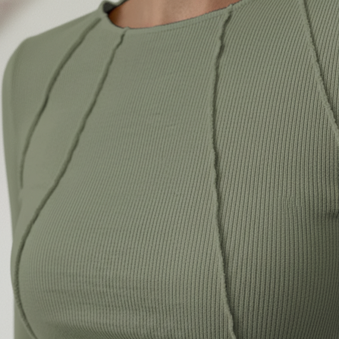 Long Sleeve Top Ribbed Piping Seam Detail Slim Fit Women