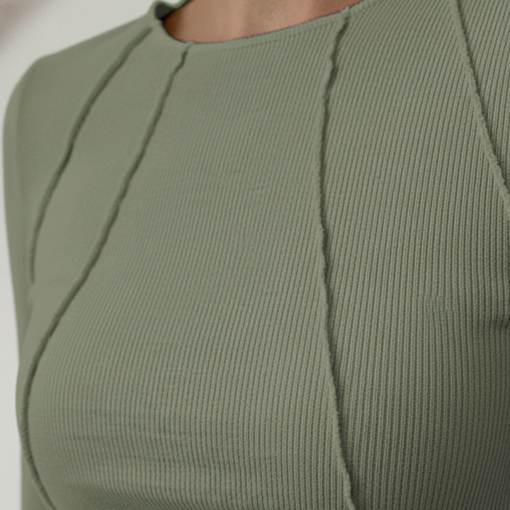 Long Sleeve Top Ribbed Piping Seam Detail Slim Fit Women