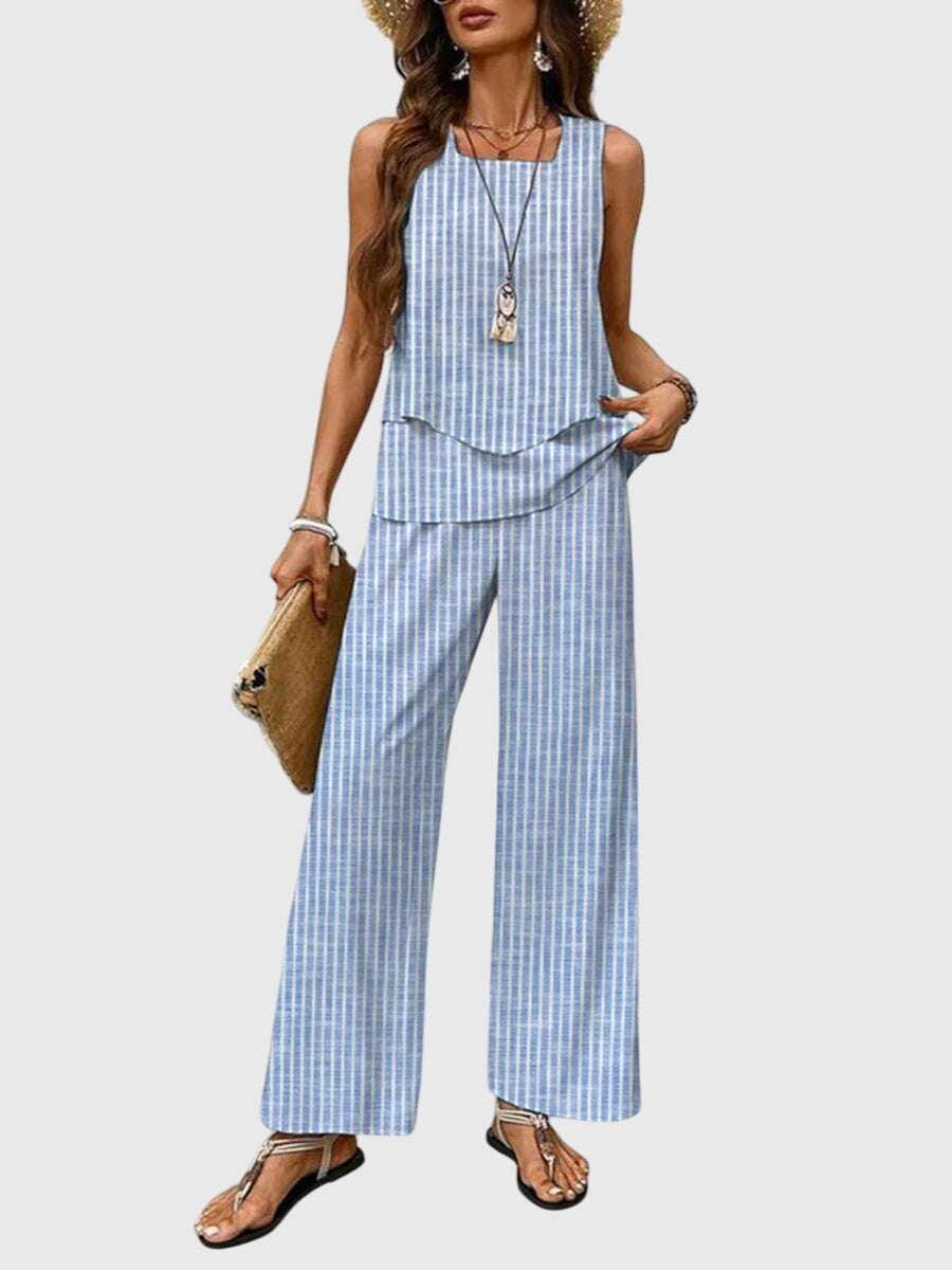 Ensemble deux pièces femme sans manches coupe slim à boutons été