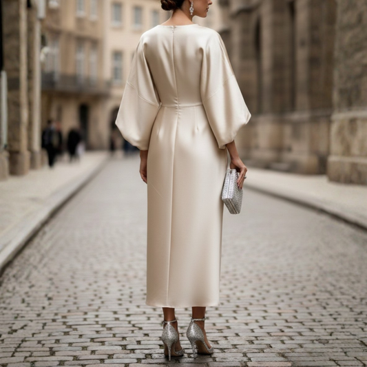 Robe mi-longue pour femme en satin drapé avec broche en strass