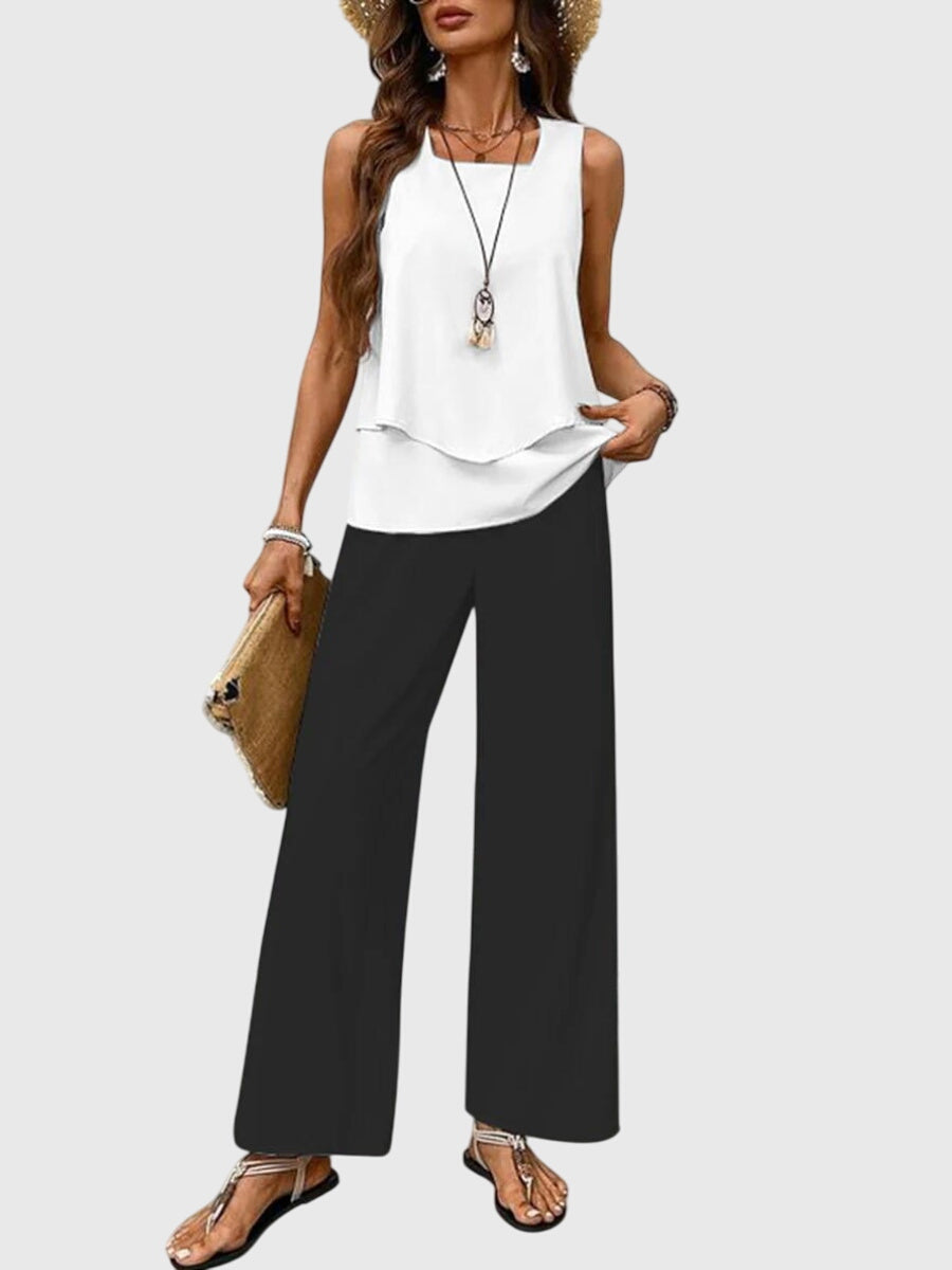 Ensemble deux pièces femme sans manches coupe slim à boutons été