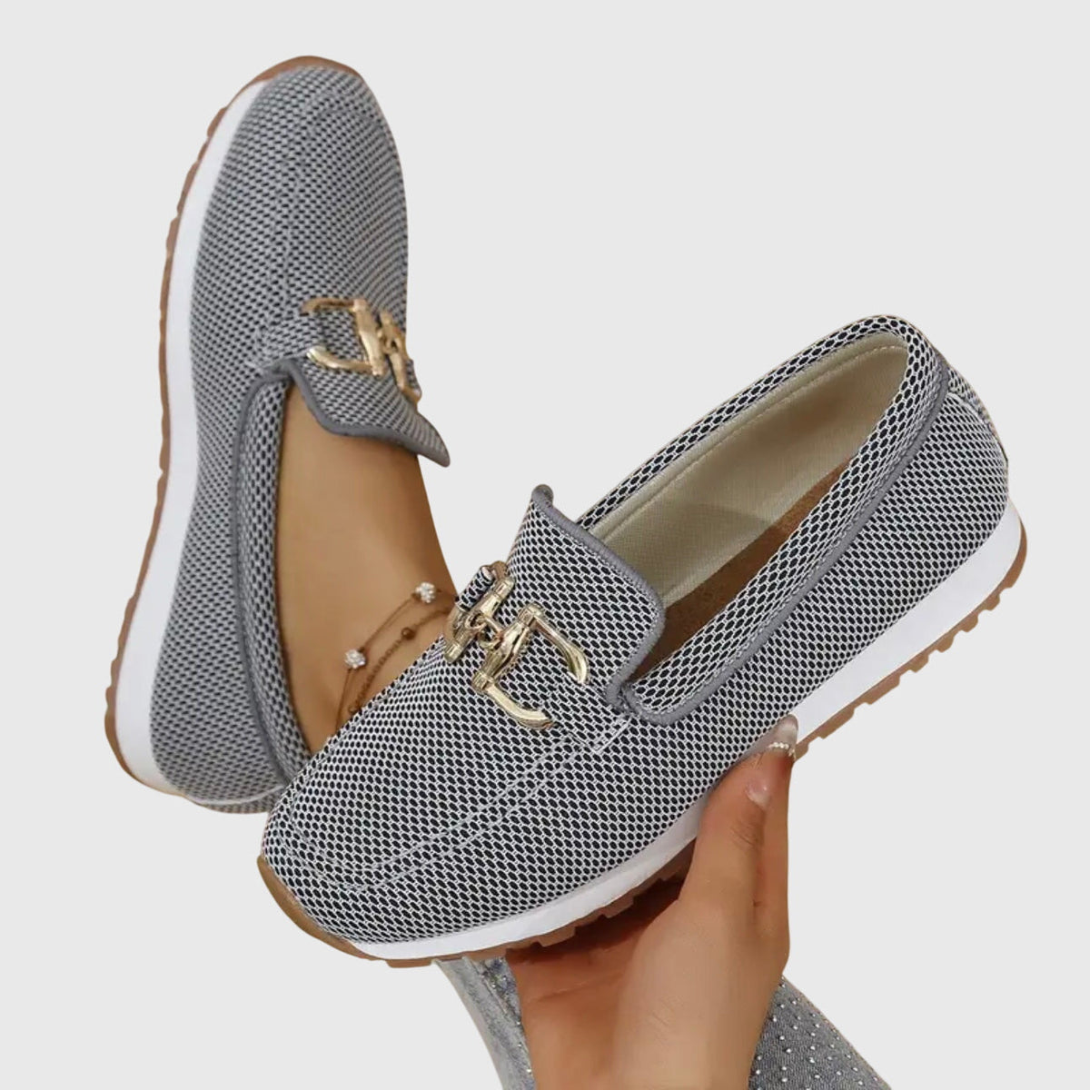 Mocasines ortopédicos para mujer, sin cordones, plantilla acolchada, suela de goma, detalle metálico