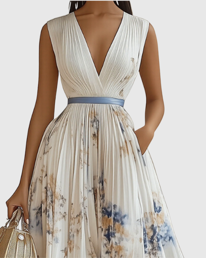 Women's Maxi Dress Satin Pleated V-Neck Long Sleeve Adjustable Waist