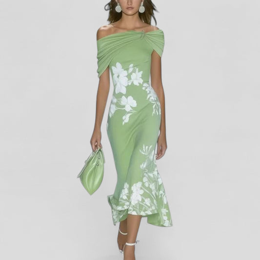 Robe midi femme imprimée à manches courtes et épaules dénudées