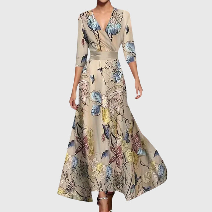 Vestido largo de mujer floral con escote en V, manga 3/4 y corte en A – Formal