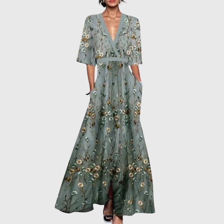 Women's Dress Satin Floral Long Sleeve V-Neck Belted Flared