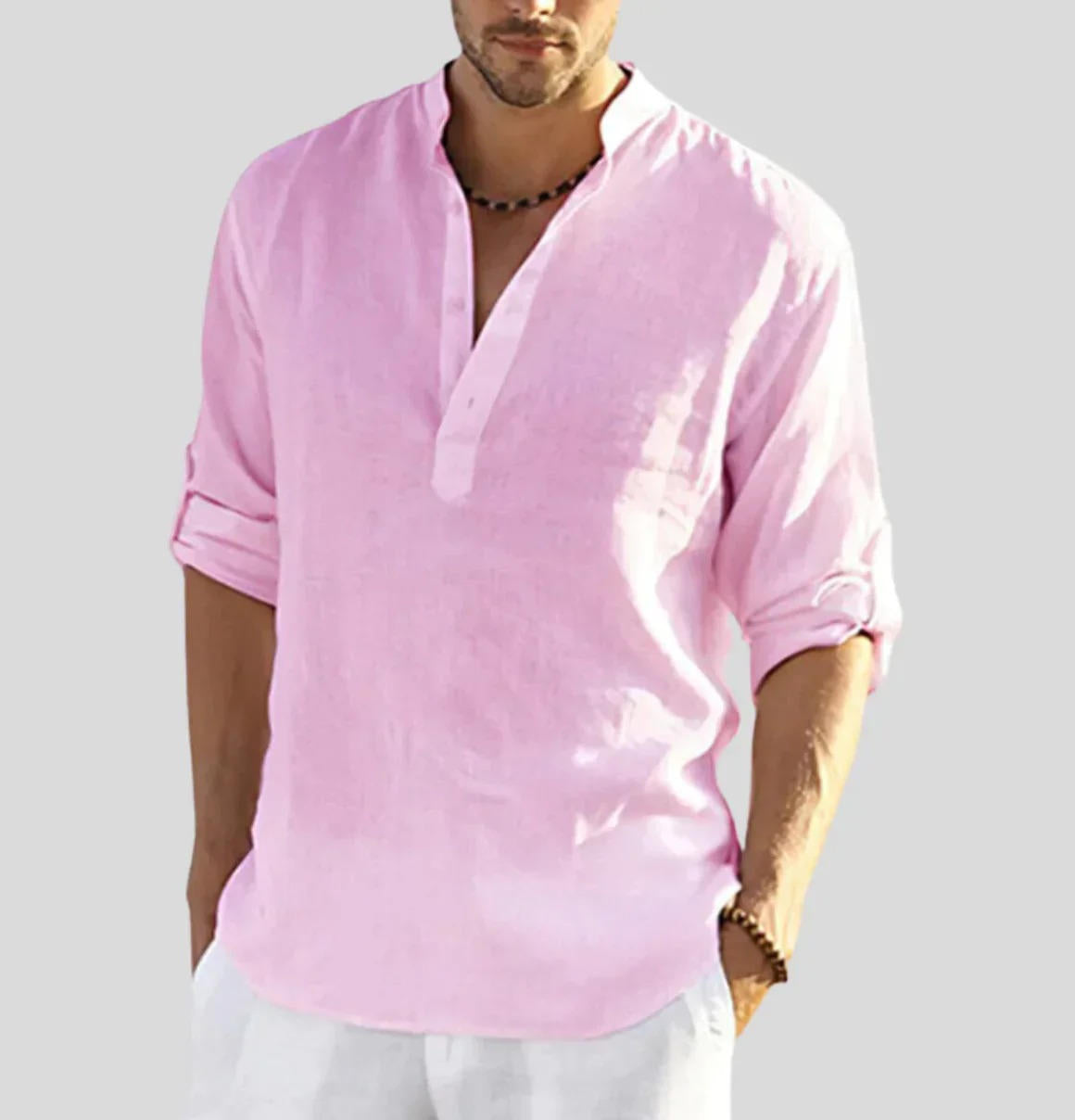 Men's Henley Shirt Linen Button Placket Long Sleeve Roll-Tab Regular Fit