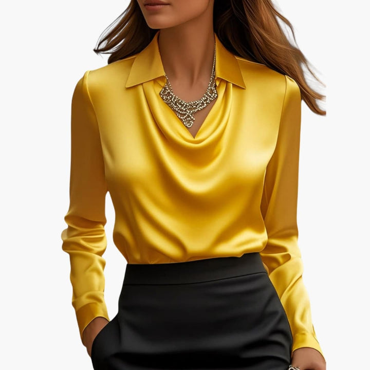 Women's Blouse Satin Draped Neck Long Sleeve Regular Fit Casual