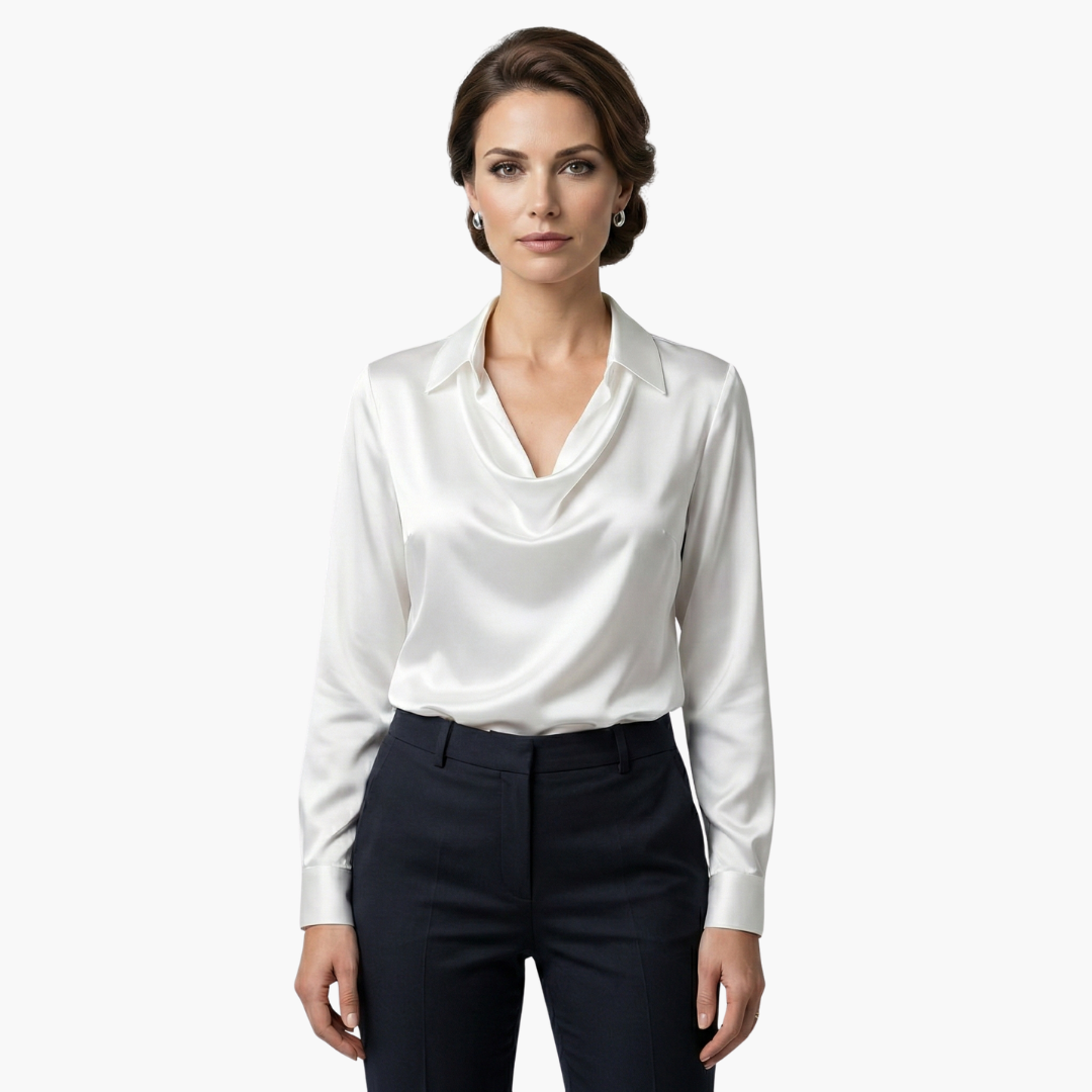 Women's Blouse Satin Draped Neck Long Sleeve Regular Fit Casual