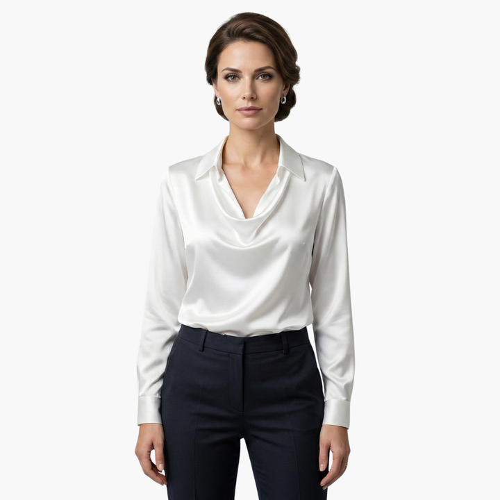 Women's Blouse Satin Draped Neck Long Sleeve Regular Fit Casual