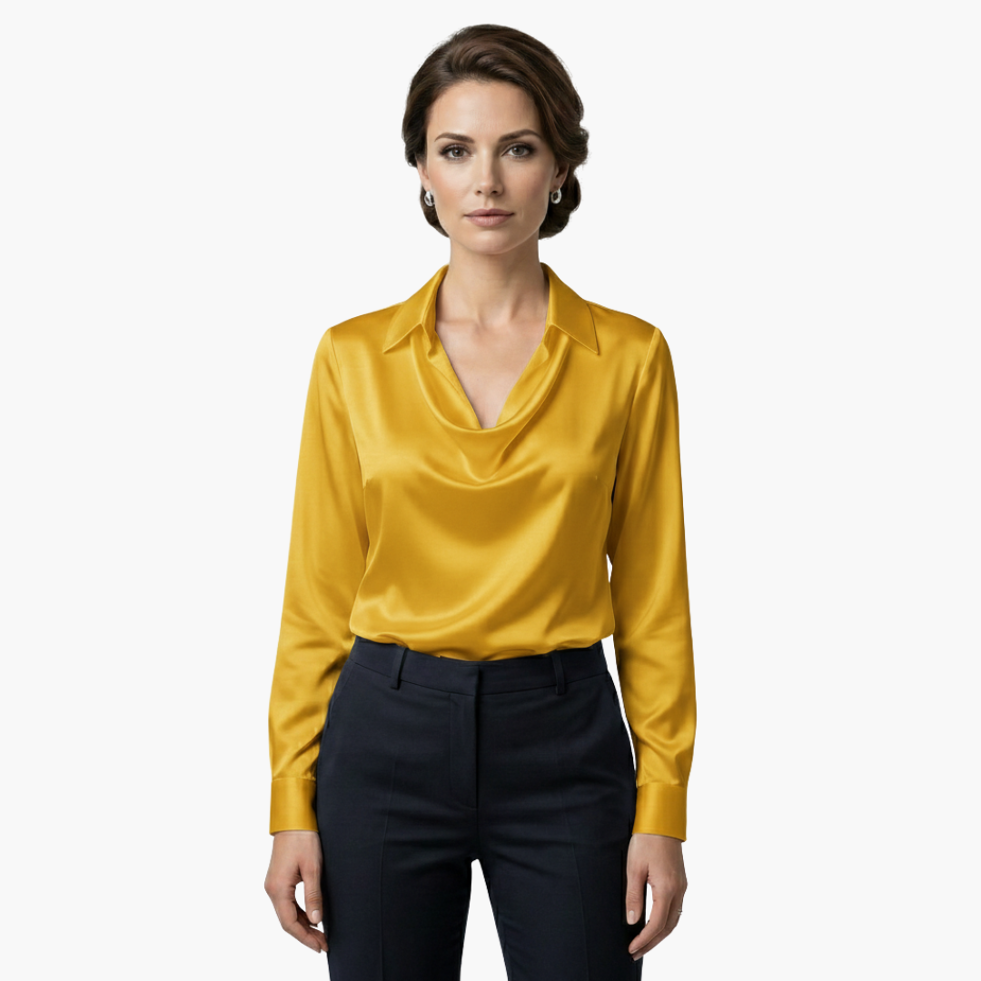 Women's Blouse Satin Draped Neck Long Sleeve Regular Fit Casual