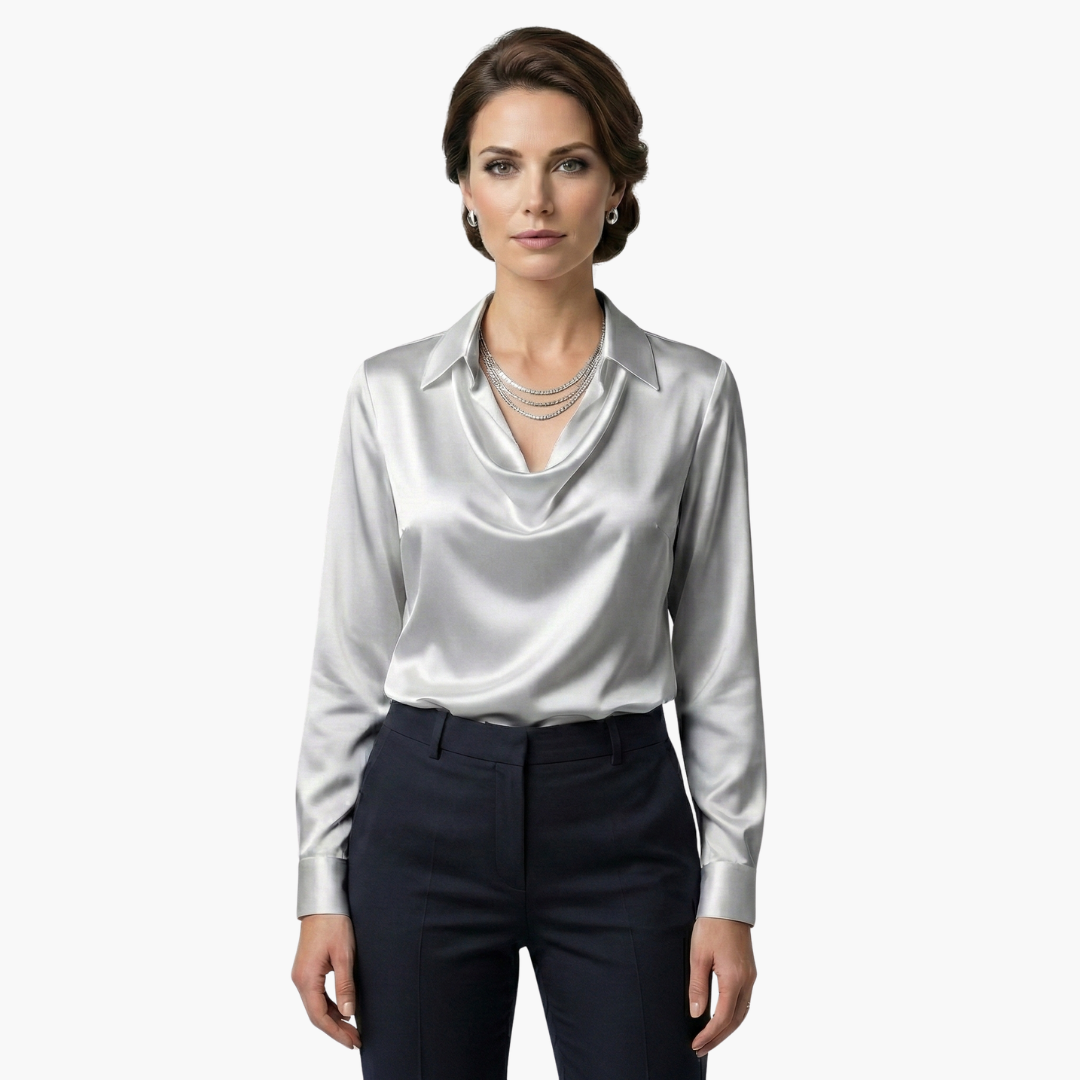 Women's Blouse Satin Draped Neck Long Sleeve Regular Fit Casual