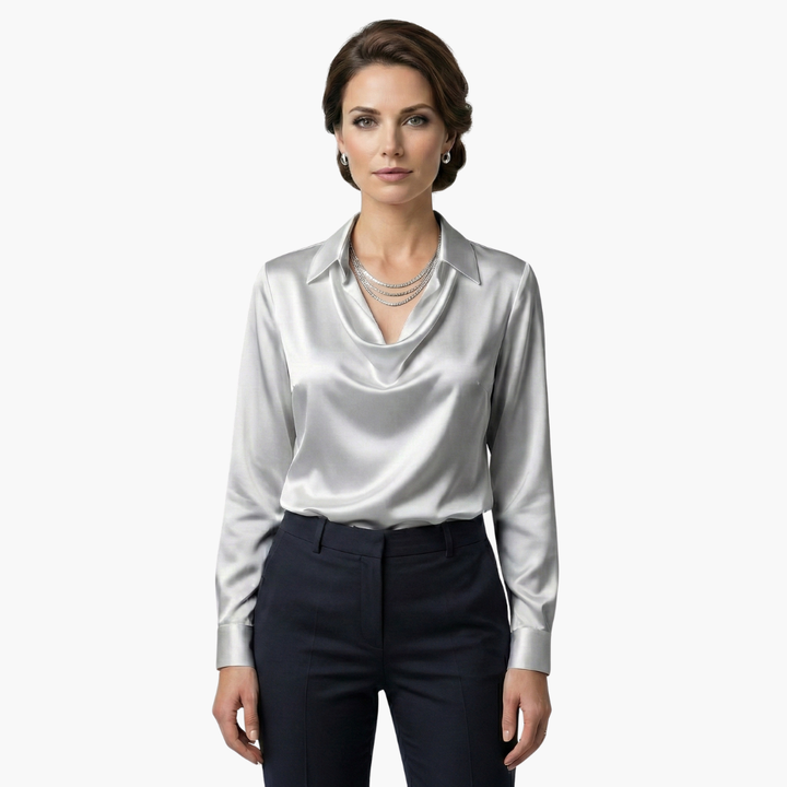 Women's Blouse Satin Draped Neck Long Sleeve Regular Fit Casual