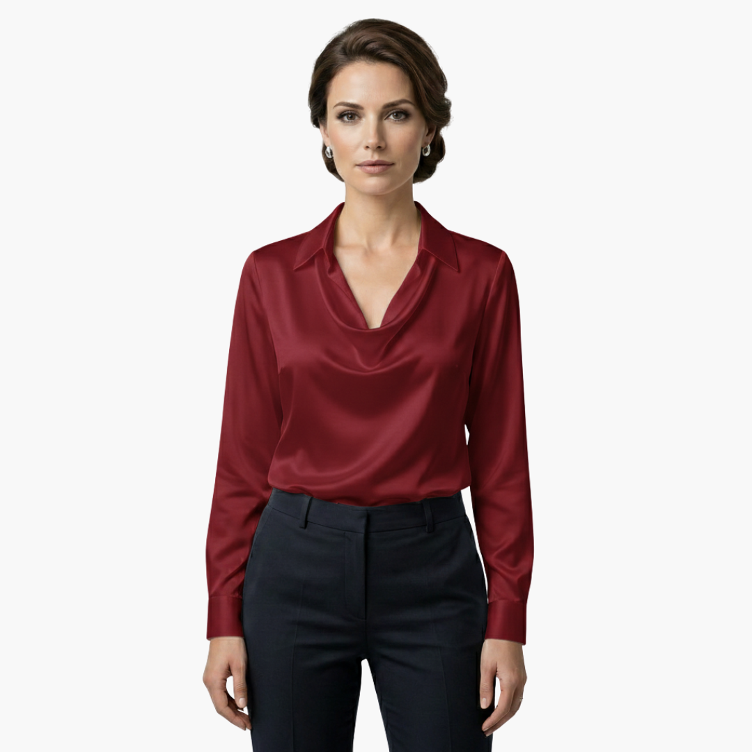Women's Blouse Satin Draped Neck Long Sleeve Regular Fit Casual