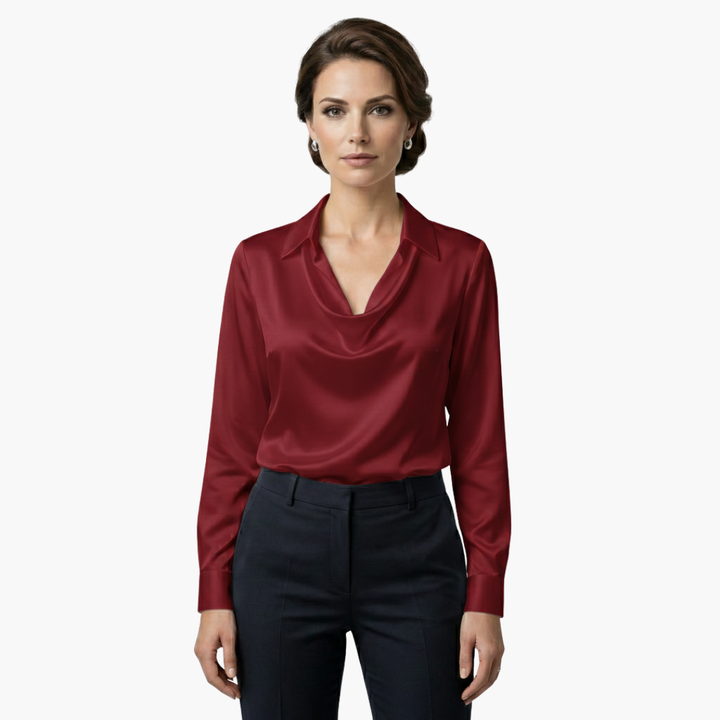 Women's Blouse Satin Draped Neck Long Sleeve Regular Fit Casual